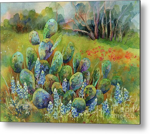 Cactus Metal Print featuring the painting Bluebonnets and Cactus by Hailey E Herrera