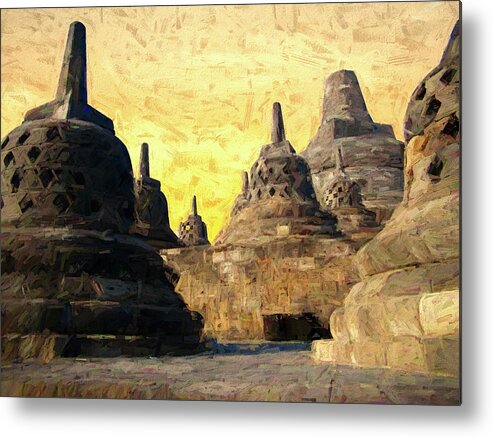 Buddha Metal Print featuring the digital art Borobudur Temple Sunset Painterly Style by Joseph S Giacalone