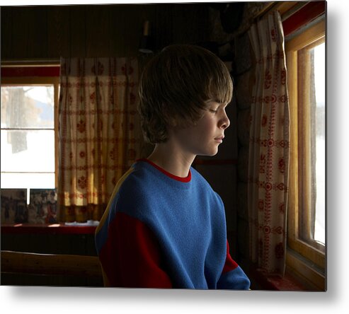 Problems Metal Print featuring the photograph Boy (13-14) with eyes closed by Thomas Northcut
