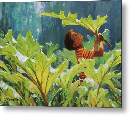 Forest Metal Print featuring the painting Boy in the Rhubarb Patch by Steve Henderson