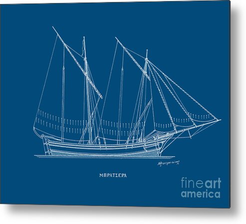 Nautical Decor Metal Print featuring the drawing Bratsera - traditional Greek sailing boat - Blueprint by Panagiotis Mastrantonis