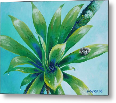 Bromeliad Metal Print featuring the painting Bromeliad and tree frog by Christopher Cox