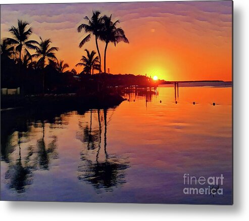 Islamorada Calm Carefree Golden Orange Glow Sunset Violet Reflections Dock Boat Water Peace Serenity Happiness Sky Palm Trees Reflections Eileen Kelly Artistic Aftermath Live Love Light Horizon Hope Art Artist Wall Canvas Prints Metal Print featuring the digital art Calm Carefree Reflections by Eileen Kelly
