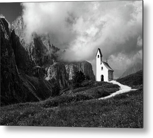 Chapel Metal Print featuring the photograph Chapel on the Passo Gardena, Dolomitres, Italy by Sarah Howard