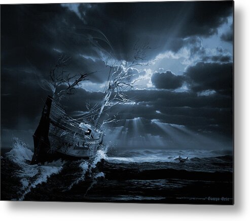 Ghost Ships Phantom Boat Supernatural Isolation Metal Print featuring the digital art Chasing the light Ghost ship series by George Grie