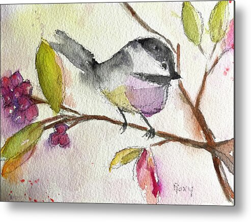 Watercolor Chickadee Metal Print featuring the painting Chickadee perched in a Tree by Roxy Rich