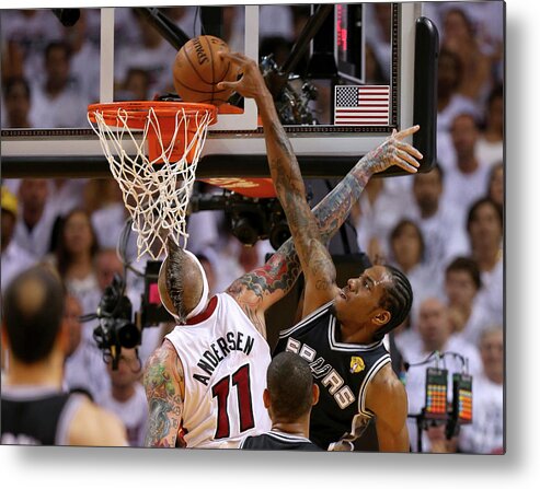 Playoffs Metal Print featuring the photograph Chris Andersen and Kawhi Leonard by Mike Ehrmann