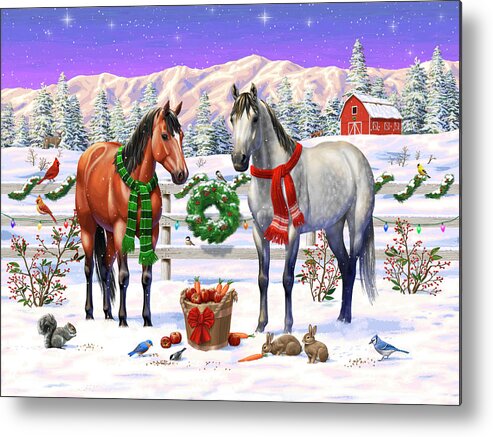 Christmas Metal Print featuring the painting Christmas Horses Winter Farm Scene by Crista Forest
