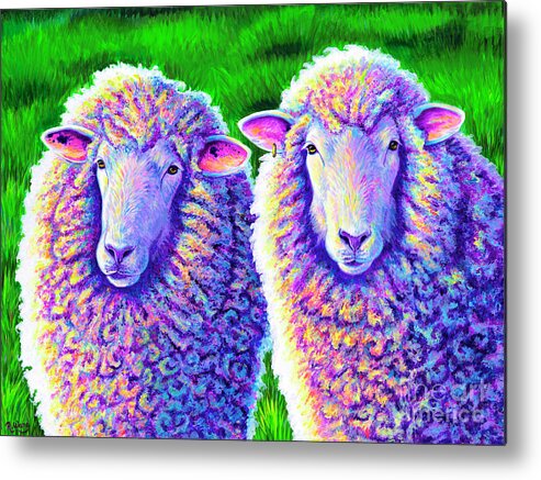 Sheep Metal Print featuring the painting Colorful Sheep Portrait - Charlie and Curtis by Rebecca Wang