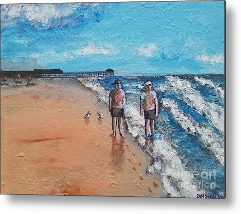  Metal Print featuring the painting The Couple Strolling the Beach by Mark SanSouci