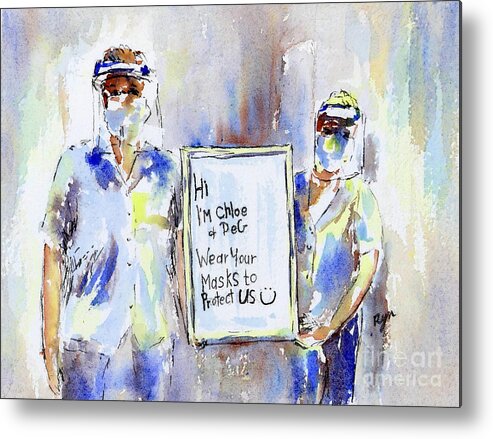 Pen And Ink Metal Print featuring the painting COVID 19 Health Care Workers Clear Face Shields Pen Watercolour Wash by Ryn Shell