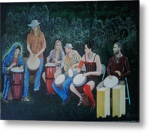 Drums Metal Print featuring the painting Crestone Drumming Circle by James RODERICK