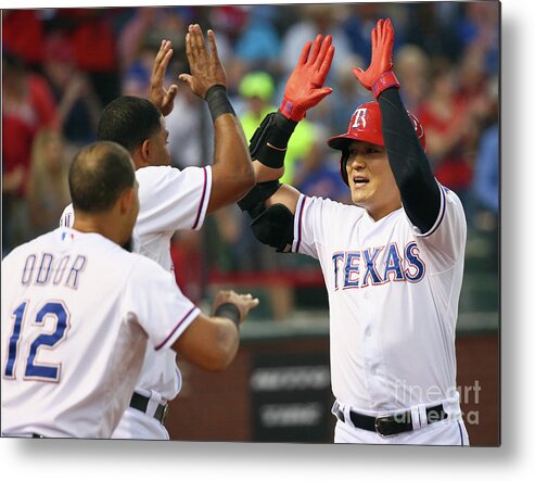 People Metal Print featuring the photograph Elvis Andrus, Shin-soo Choo, and Rougned Odor by Tom Pennington