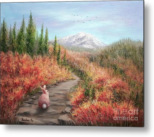 Hiking Bunny Metal Print featuring the painting Enter Autumn by Yoonhee Ko