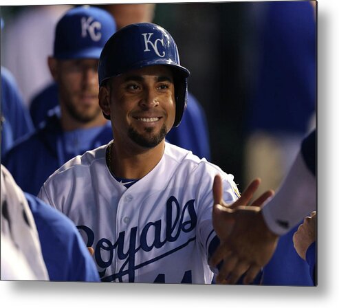 American League Baseball Metal Print featuring the photograph Eric Hosmer and Omar Infante by Ed Zurga