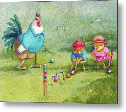 Rooster Metal Print featuring the painting Father's Day Croquet by Janet Zeh