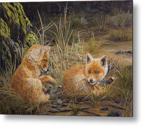 North American Wildlife Metal Print featuring the painting Feathers - Red Fox Kits by Johanna Lerwick