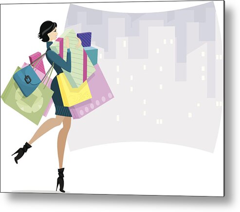 Sweater Metal Print featuring the drawing Female Shopper in town or Shopaholic by Debbie Hanford