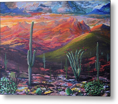 Southwest Metal Print featuring the painting Finger Rock Sunset, Catalina Mountains, Tucson Arizona by Chance Kafka