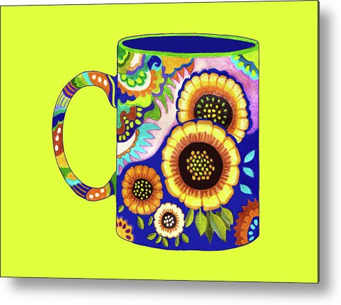Coffee Cup Metal Print featuring the drawing Flower Coffee Cup #1 on Chartreuse, Mexican Style by Lorena Cassady