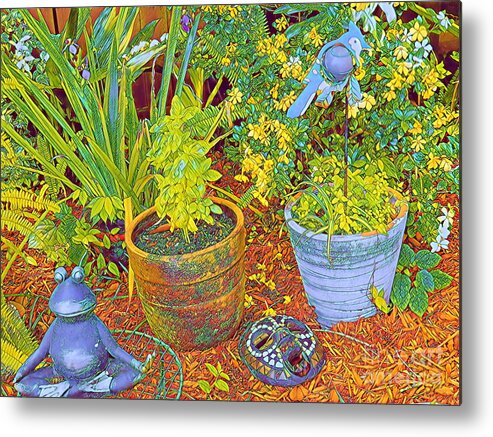 Garden Metal Print featuring the digital art Frog Budda in the Garden by Joe Roache