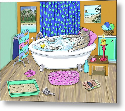 Cat Metal Print featuring the digital art Funny Cat in Bath Cat 665 by Lucie Dumas