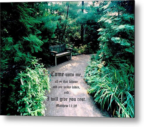 Bench Metal Print featuring the photograph Garden Hideaway Matthew 11vs28 by Mike McBrayer