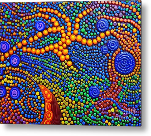 Pointillism Metal Print featuring the painting Golden Tree Painting pointillism rainbow sun tree wind crops farm flowers forest gold solistice dot painting aborigine abstract acrylic paints art artist artistic background blue brush center circle by N Akkash