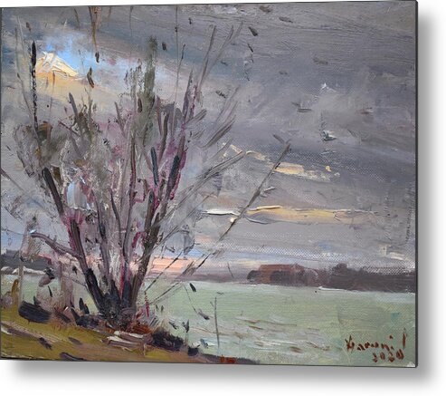 Landscape Metal Print featuring the painting Gray Day at Gratwick Park by Ylli Haruni