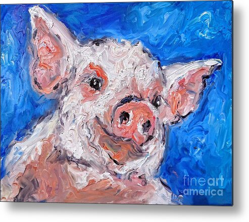 Watercolor.paintings Metal Print featuring the painting Happy piglet painting by Mary Cahalan Lee - aka PIXI