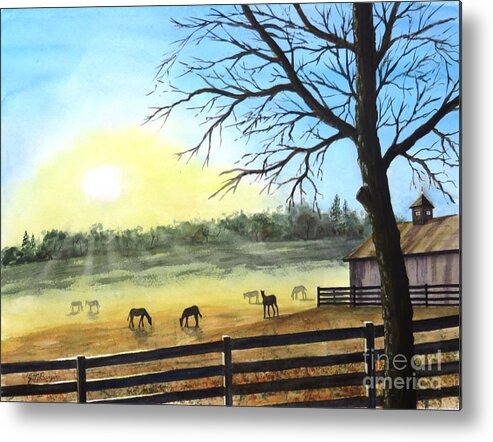 Horses Metal Print featuring the painting Horses at Sunrise by Joseph Burger