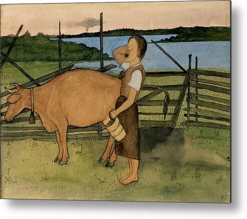  Metal Print featuring the painting Hugo Simberg - Morning Milking by Les Classics