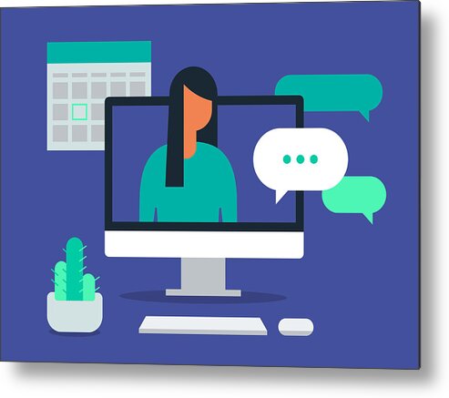 Working Metal Print featuring the drawing Illustration of workspace with young woman having discussion on desktop computer screen by RLT_Images