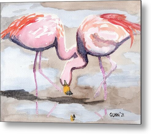 Falmingoes Metal Print featuring the painting Impressionist Flamingoes by Katrina Gunn