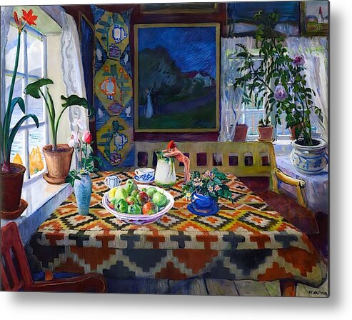 Open Door Metal Print featuring the painting Interior Still Life, Living Room at Sandalstrand, 1921 by Nikolai Astrup