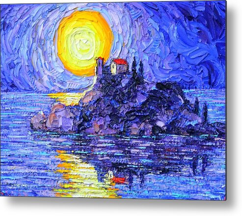 Sicily Metal Print featuring the painting ISOLA BELLA BY MOON Italy Sicily island textural impasto palette knife painting Ana Maria Edulescu  by Ana Maria Edulescu