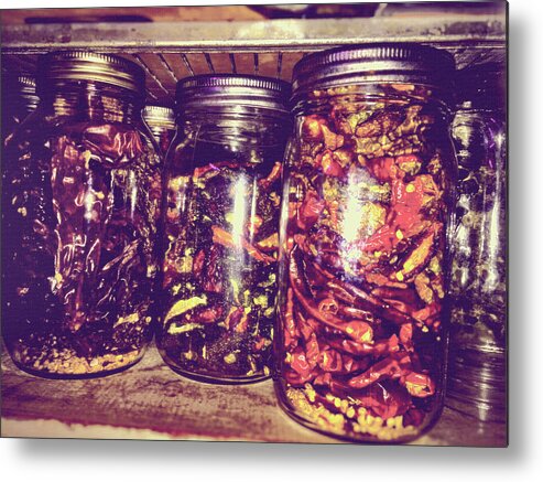 Mason Jars Metal Print featuring the mixed media Jars of Dried Peppers Vintage Style by Shelli Fitzpatrick