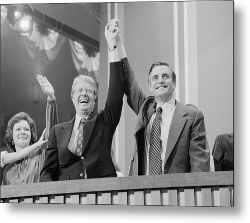 Jimmy Carter Metal Print featuring the photograph Jimmy Carter and Walter Mondale - DNC In New York 1976 by War Is Hell Store