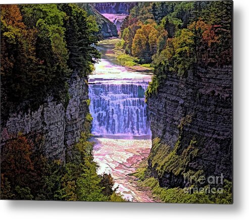 Letchworth State Park Upper And Middle Falls In Autumn Abstract Color Sketch Effect Metal Print featuring the photograph Letchworth State Park Upper and Middle Falls in Autumn Abstract Color Sketch Effect by Rose Santuci-Sofranko