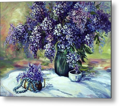 Still Life Of Lilacs And Indian Beads Metal Print featuring the painting Lilacs wealth by Caroline Patrick