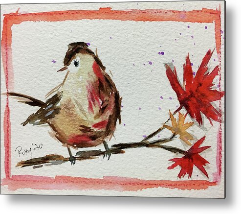 Grand Tit Metal Print featuring the painting Lincolns Sparrow on a Maple Branch by Roxy Rich