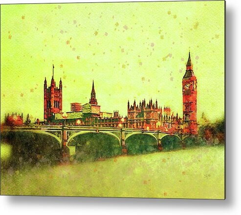 London Metal Print featuring the mixed media London Thames River View Watercolor Painting by Shelli Fitzpatrick