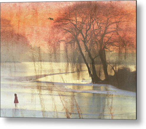 Winter Scene Metal Print featuring the digital art Lone Winter Skating by Cathy Anderson