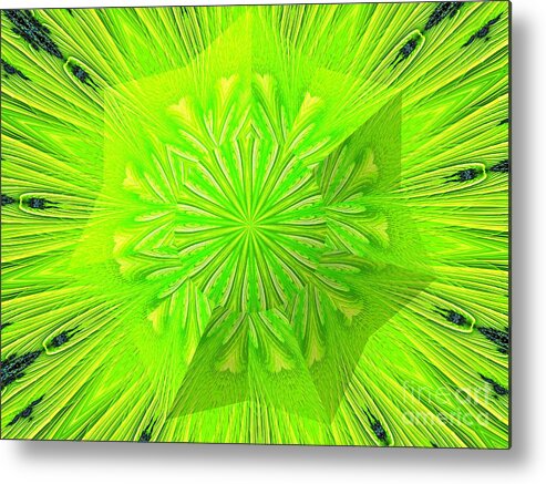 Lush Green And Yellow Springtime Sunburst Fractal Abstract Metal Print featuring the digital art Lush Green and Yellow Springtime Sunburst Fractal Abstract by Rose Santuci-Sofranko