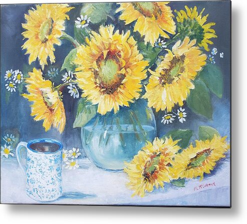 Sunflowers Autumn Coffee Harvest Metal Print featuring the painting Mama's Cup with Sunflowers by ML McCormick