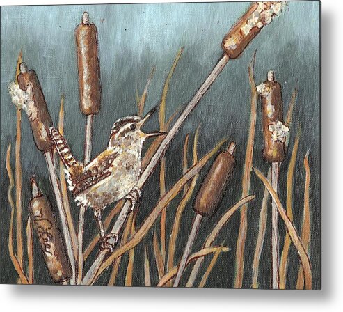 Bird Metal Print featuring the painting Marsh Wren Singing by VLee Watson