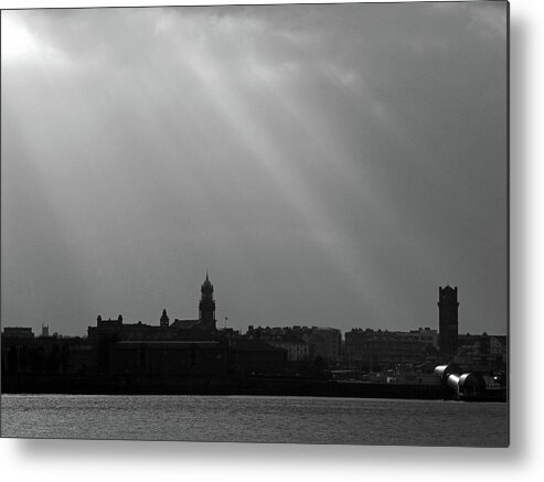 Liverpool; River Mersey; Black And White; Landscape; Cityscape; Skyline; Great Britain; Merseyside; Wirral Birkenhead; Sunbeams; Silhouette; Sky; Clouds; England; Metal Print featuring the photograph Mersey Sunbeams by Lachlan Main