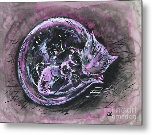Cat Metal Print featuring the painting Mother Cat with Kittens by Zaira Dzhaubaeva