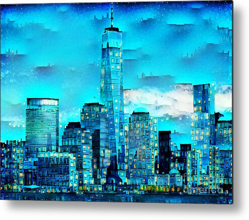 Wingsdomain Metal Print featuring the photograph New York Lower Manhattan One World Trade Center City Light Blues 20200804 by Wingsdomain Art and Photography