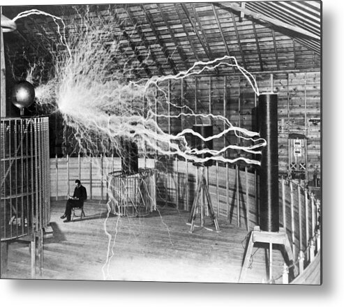 Nikola Tesla Metal Print featuring the photograph Nikola Tesla - Bolts Of Electricity by War Is Hell Store